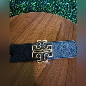 Tory Burch Black/Brown Reversible Textured Belt with Gold Emblem